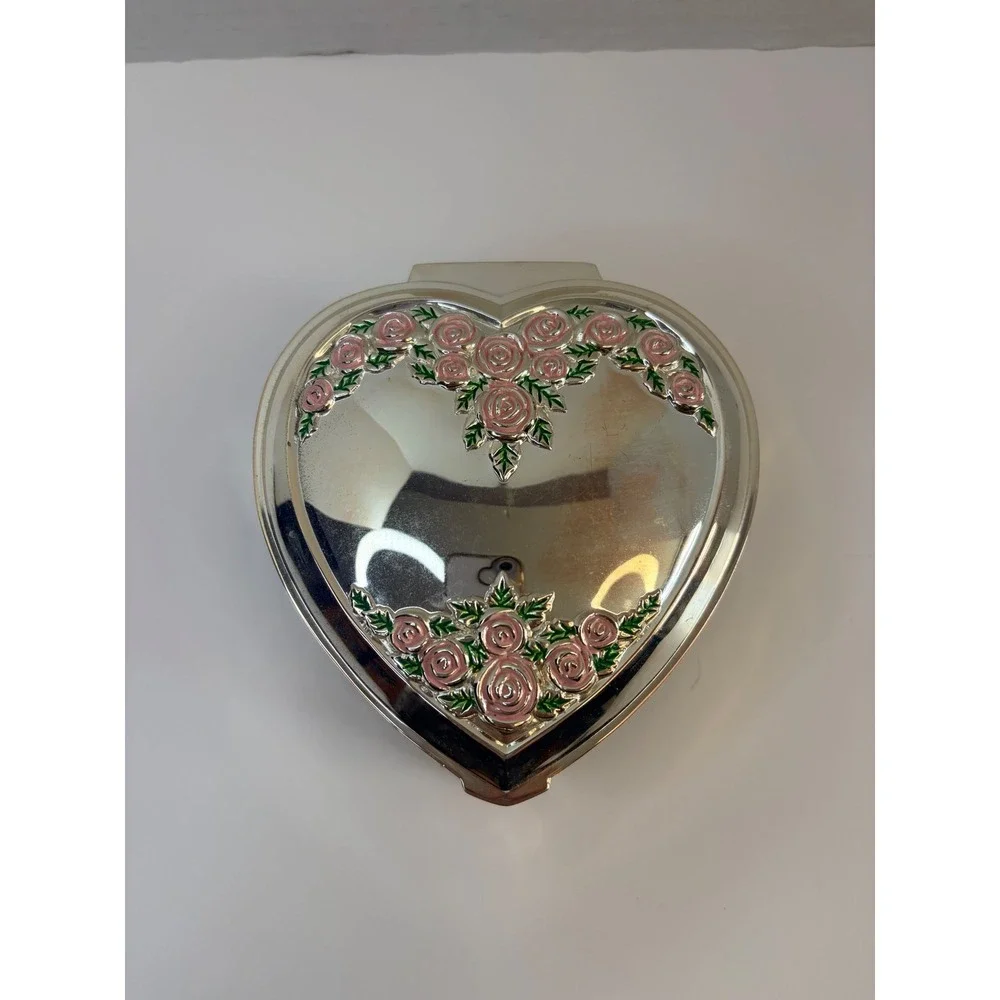 Vtg Silver Heart Jewelry Box Pink Enameled Rose Footed Trinket Case Girly Vanity